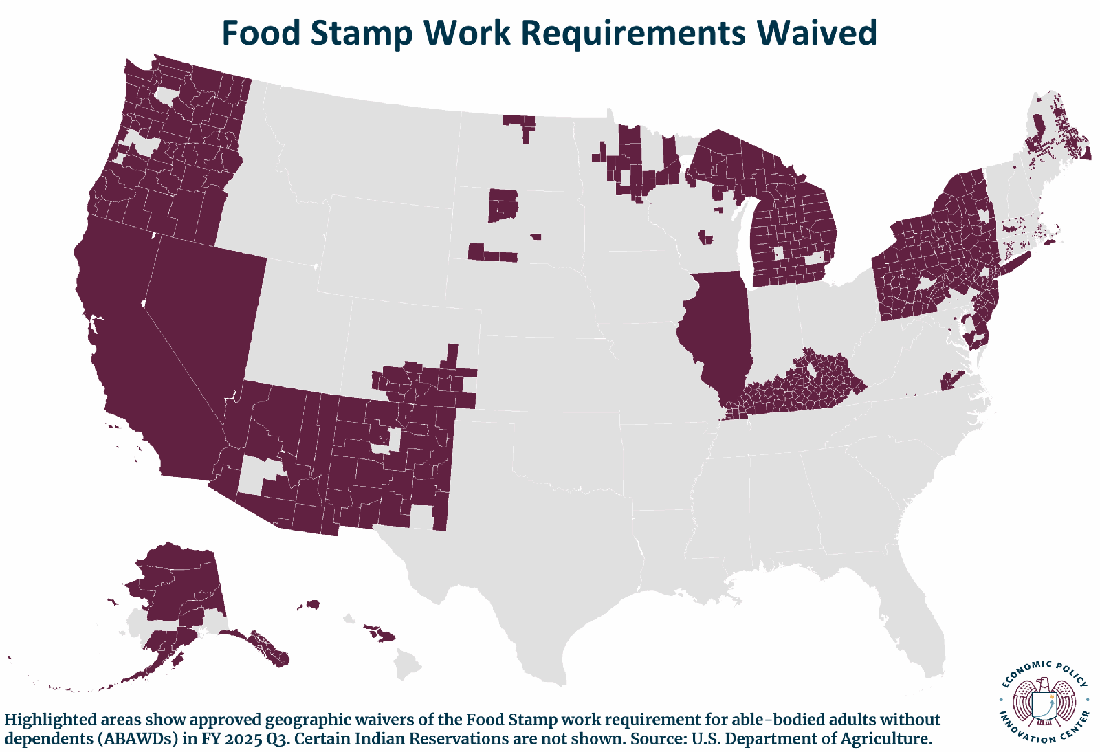 Food Stamp Work Requirement Waivers County Level FY2025 Q3 Map With Source 4.21.2025