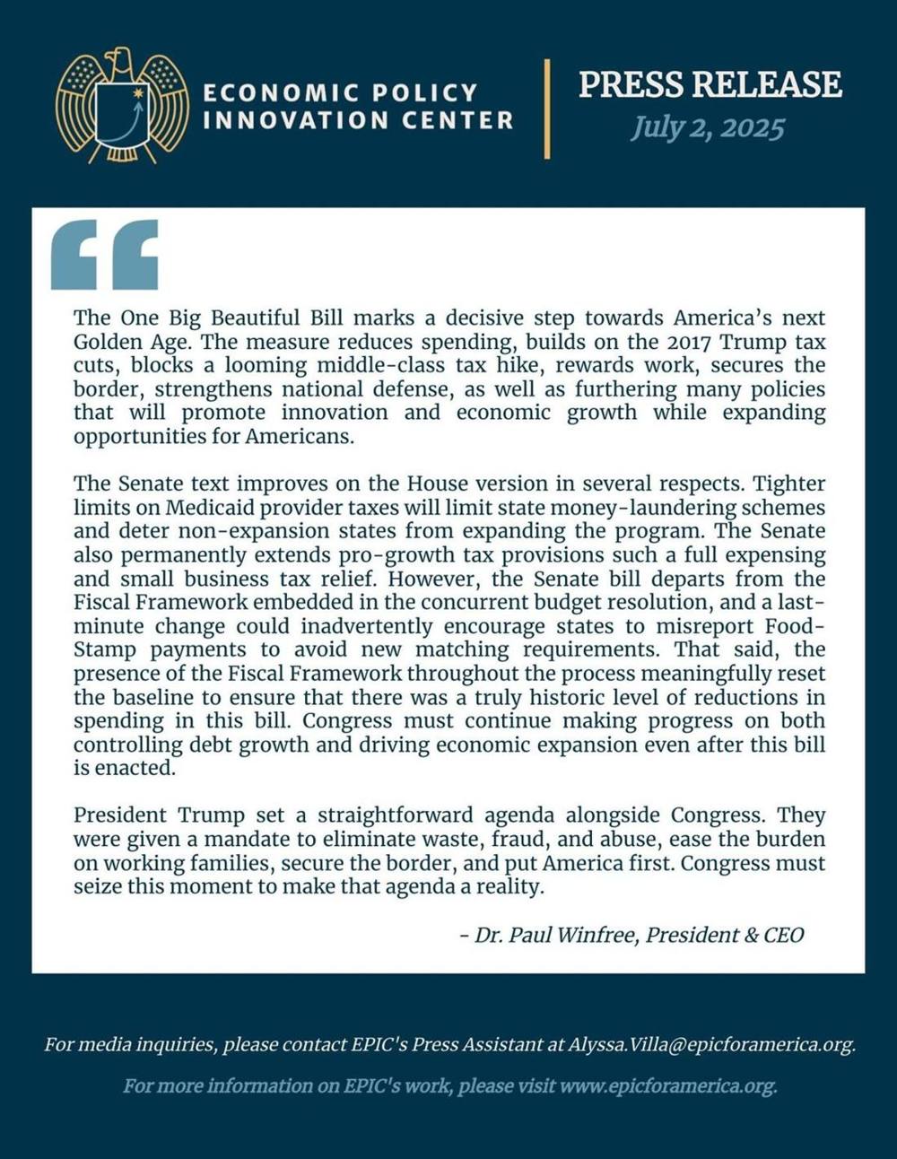 EPIC Response To Senate OBBB