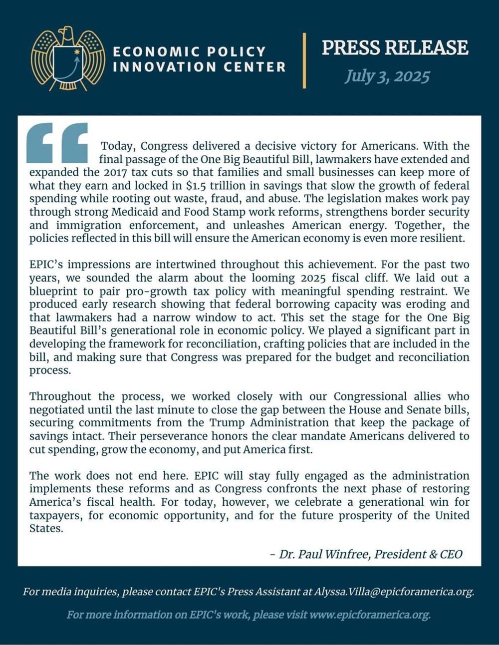 EPICs Statement On The Passage Of The One Big Beautiful Bill Final