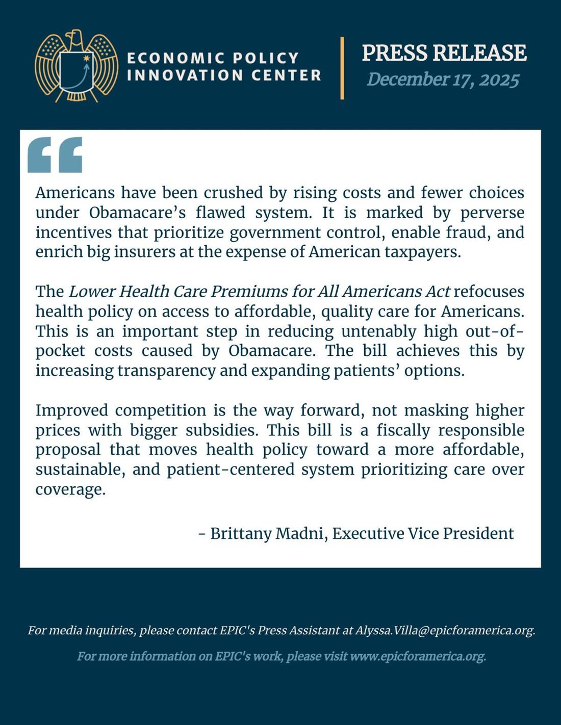 Epics Response To Lower Health Care Premiums For All Act