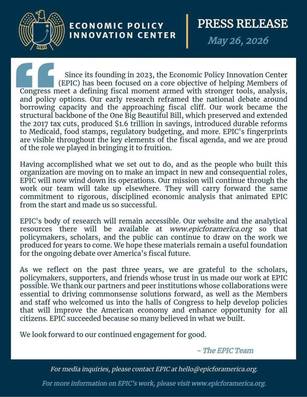 EPICs Statement On Winding Down Operations