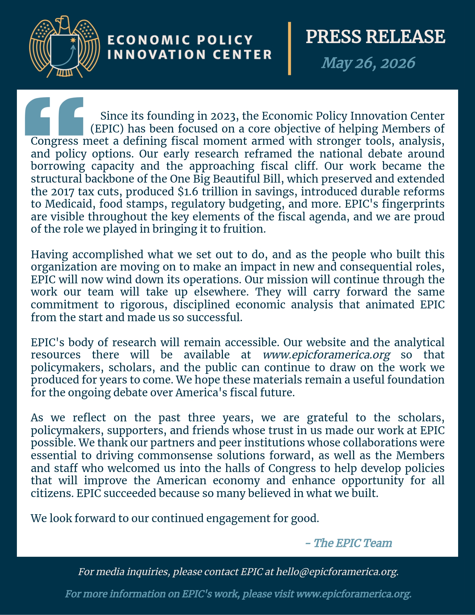 EPICs Statement On Winding Down Operations